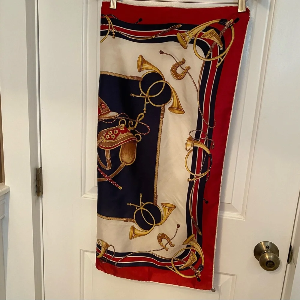 LUCIANO ITALY SCARF SILK SQUARE EQUESTRIAN HORSE RED CREAM BLACK GOLD VINTAGE